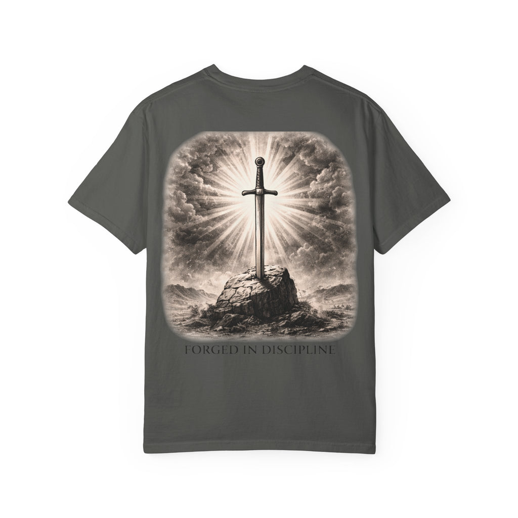 Sword Oath “Forged in Discipline” Graphic T-Shirt – Medieval Sword Streetwear Tee, Motivational Discipline Shirt