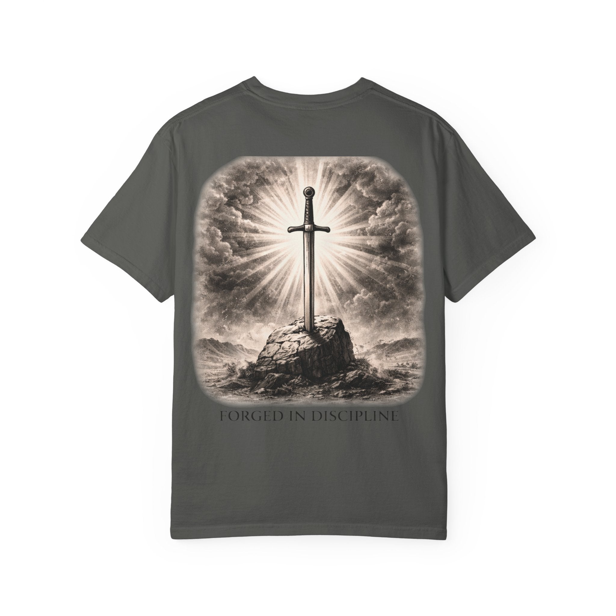 Sword Oath “Forged in Discipline” Graphic T-Shirt – Medieval Sword Streetwear Tee, Motivational Discipline Shirt