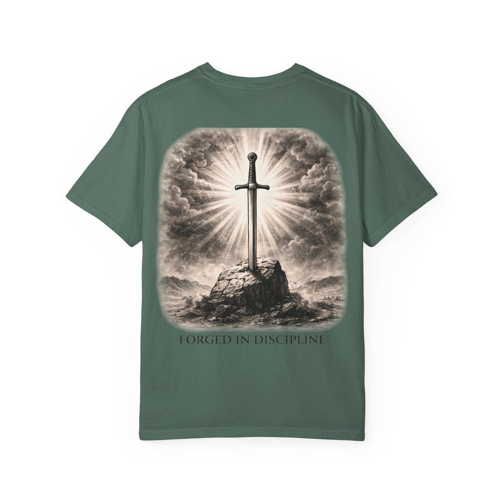 Sword Oath “Forged in Discipline” Graphic T-Shirt – Medieval Sword Streetwear Tee, Motivational Discipline Shirt