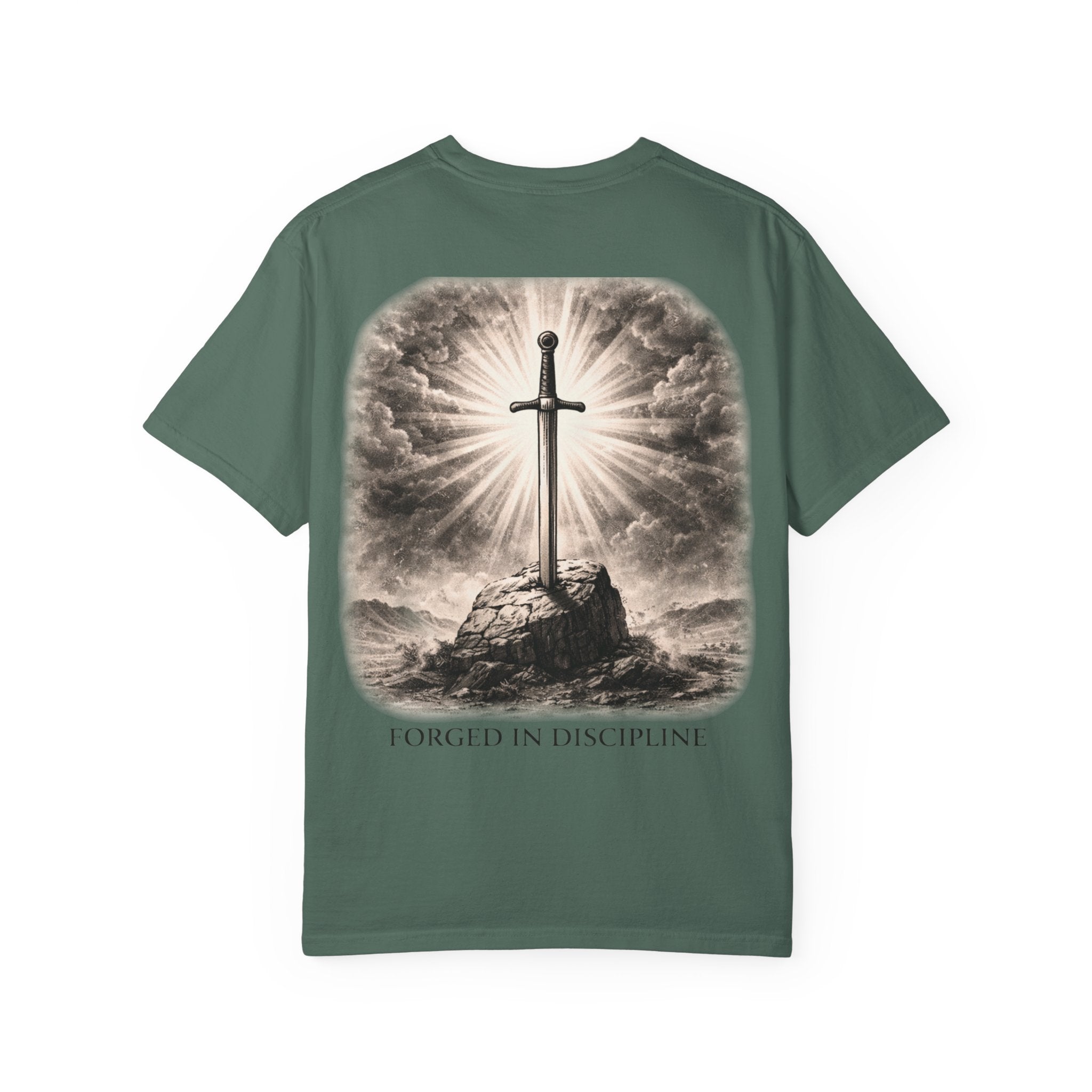 Sword Oath “Forged in Discipline” Graphic T-Shirt – Medieval Sword Streetwear Tee, Motivational Discipline Shirt
