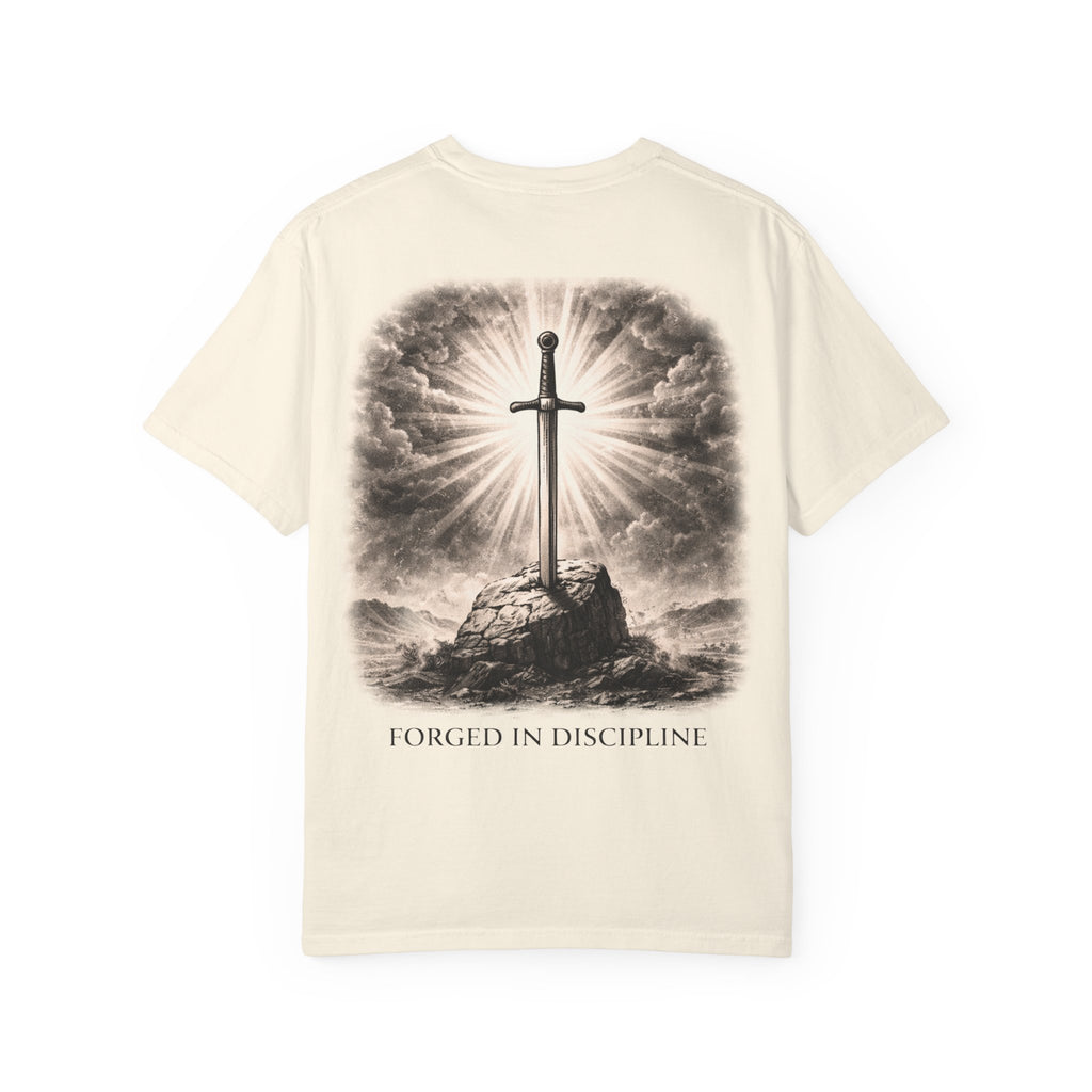 Sword Oath “Forged in Discipline” Graphic T-Shirt – Medieval Sword Streetwear Tee, Motivational Discipline Shirt