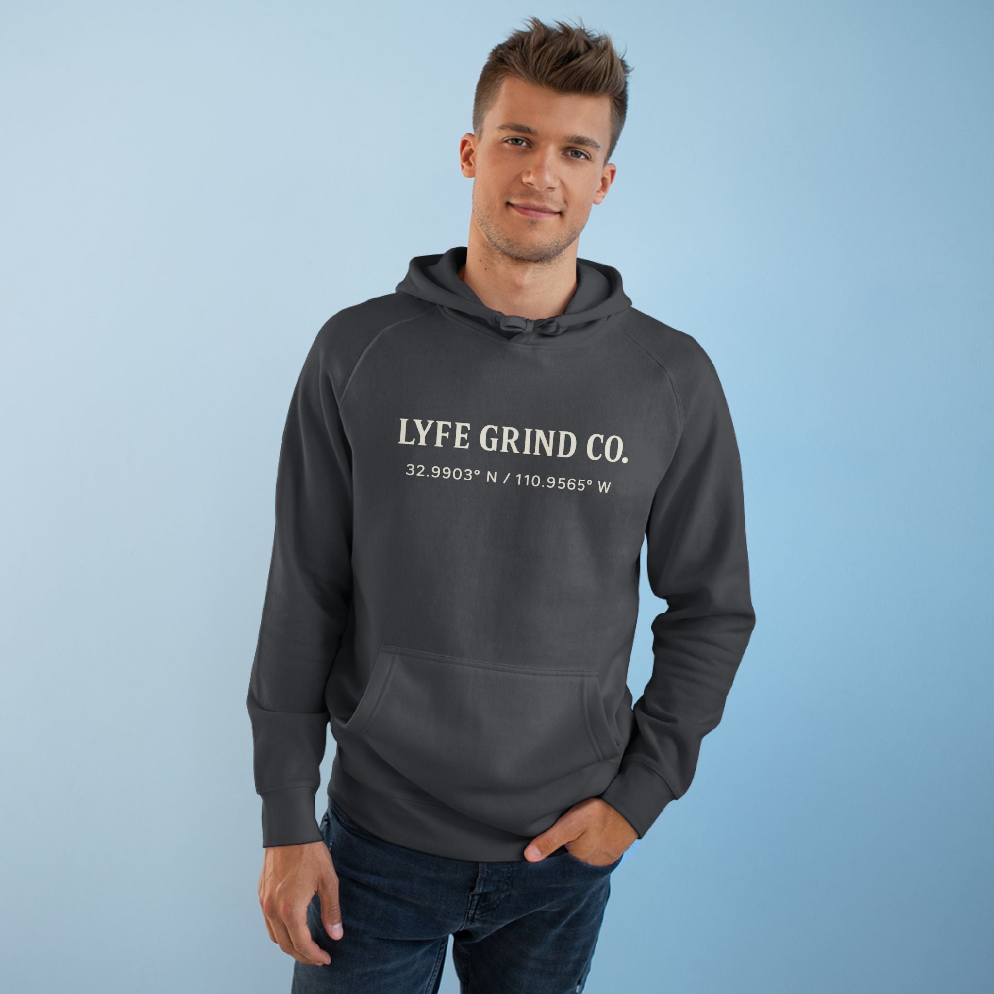 Lyfe Grind Co Logo Hoodie – Desert Division Streetwear Pullover, Minimalist Premium Hoodie, Arizona Coordinates Sweatshirt