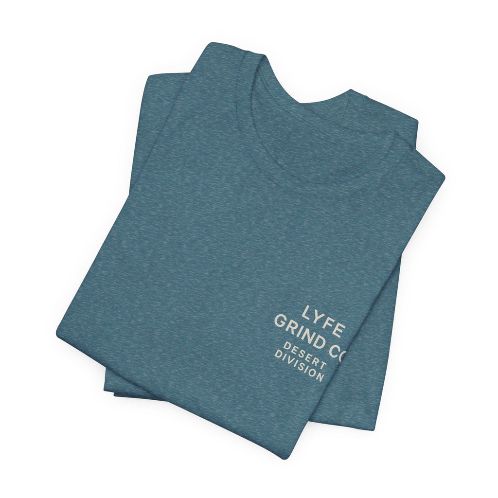 Lyfe Grind Co. – Desert Division Sunset Circle Women’s Tee (Front Micro Logo + Back Graphic)