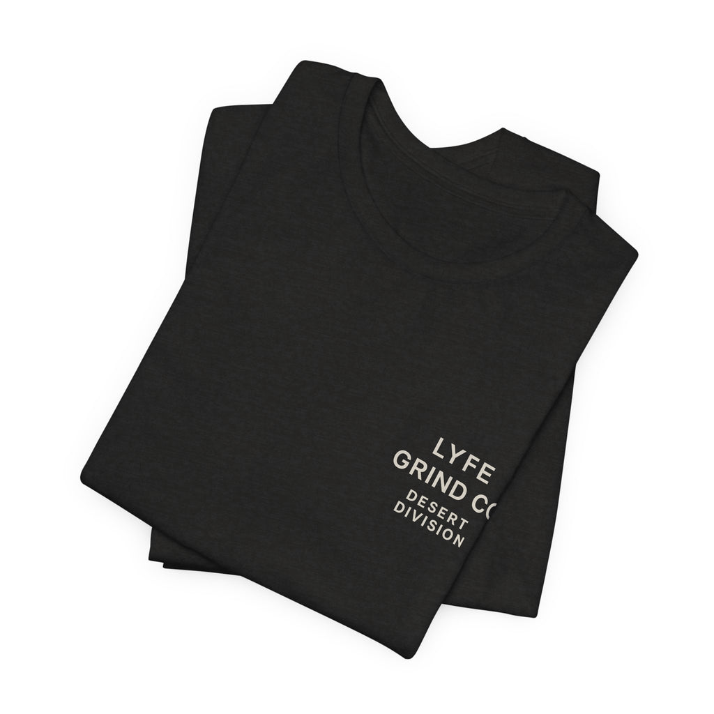Lyfe Grind Co. – Desert Division Sunset Circle Women’s Tee (Front Micro Logo + Back Graphic)
