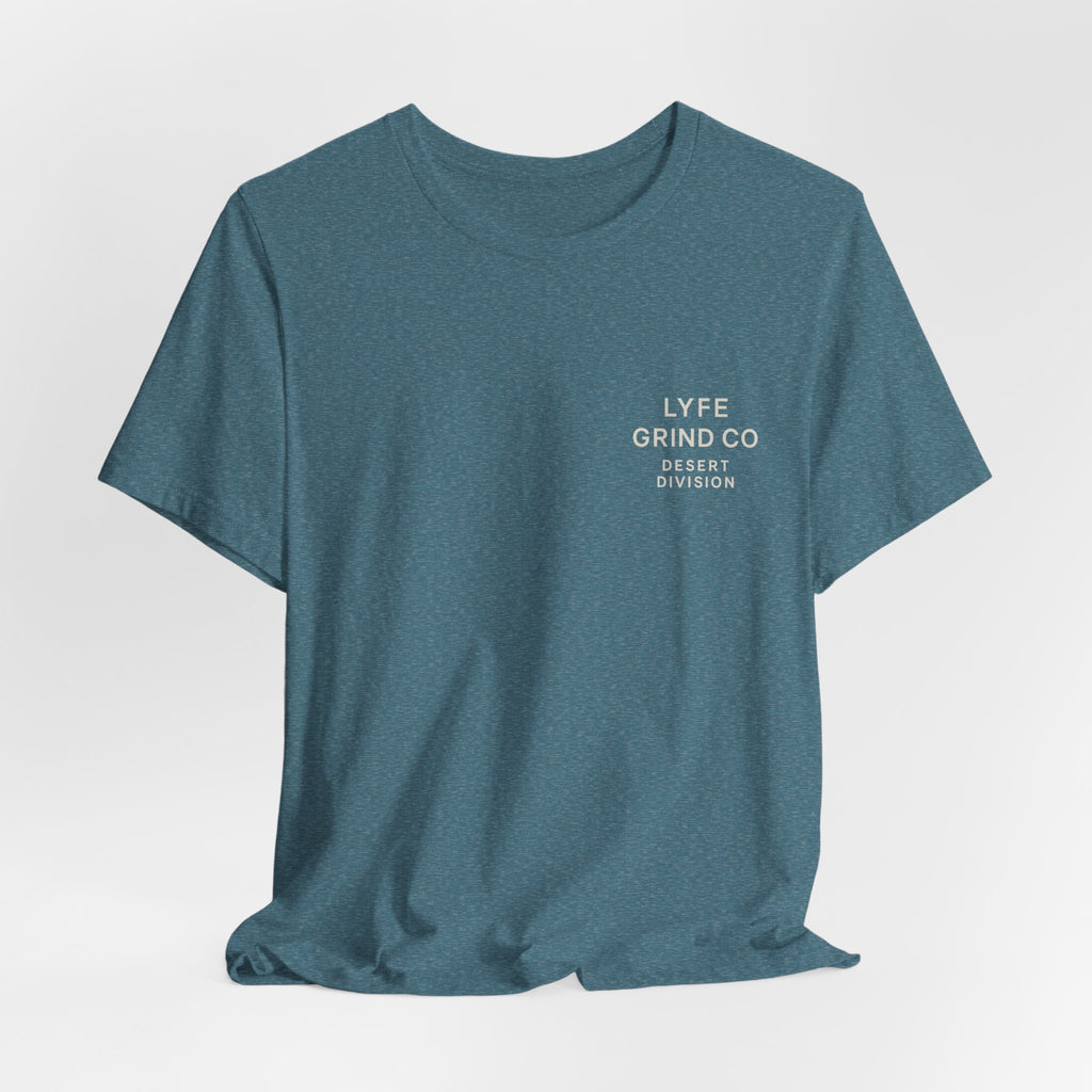 Lyfe Grind Co. – Desert Division Sunset Circle Women’s Tee (Front Micro Logo + Back Graphic)