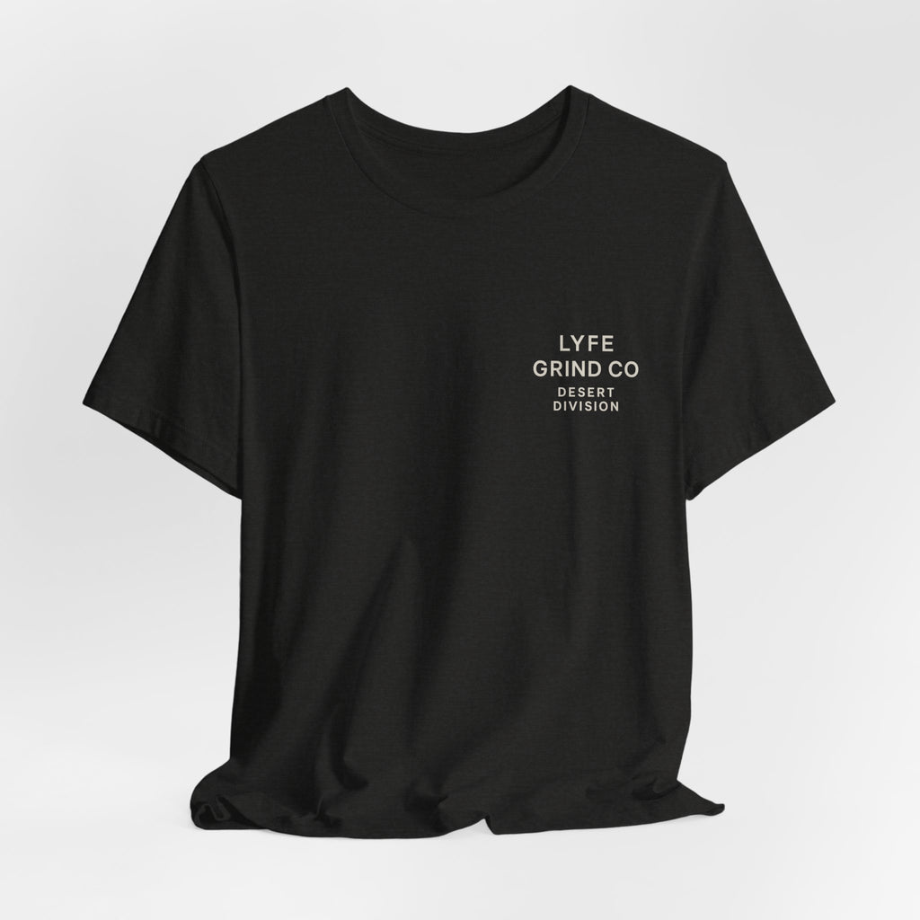Lyfe Grind Co. – Desert Division Sunset Circle Women’s Tee (Front Micro Logo + Back Graphic)