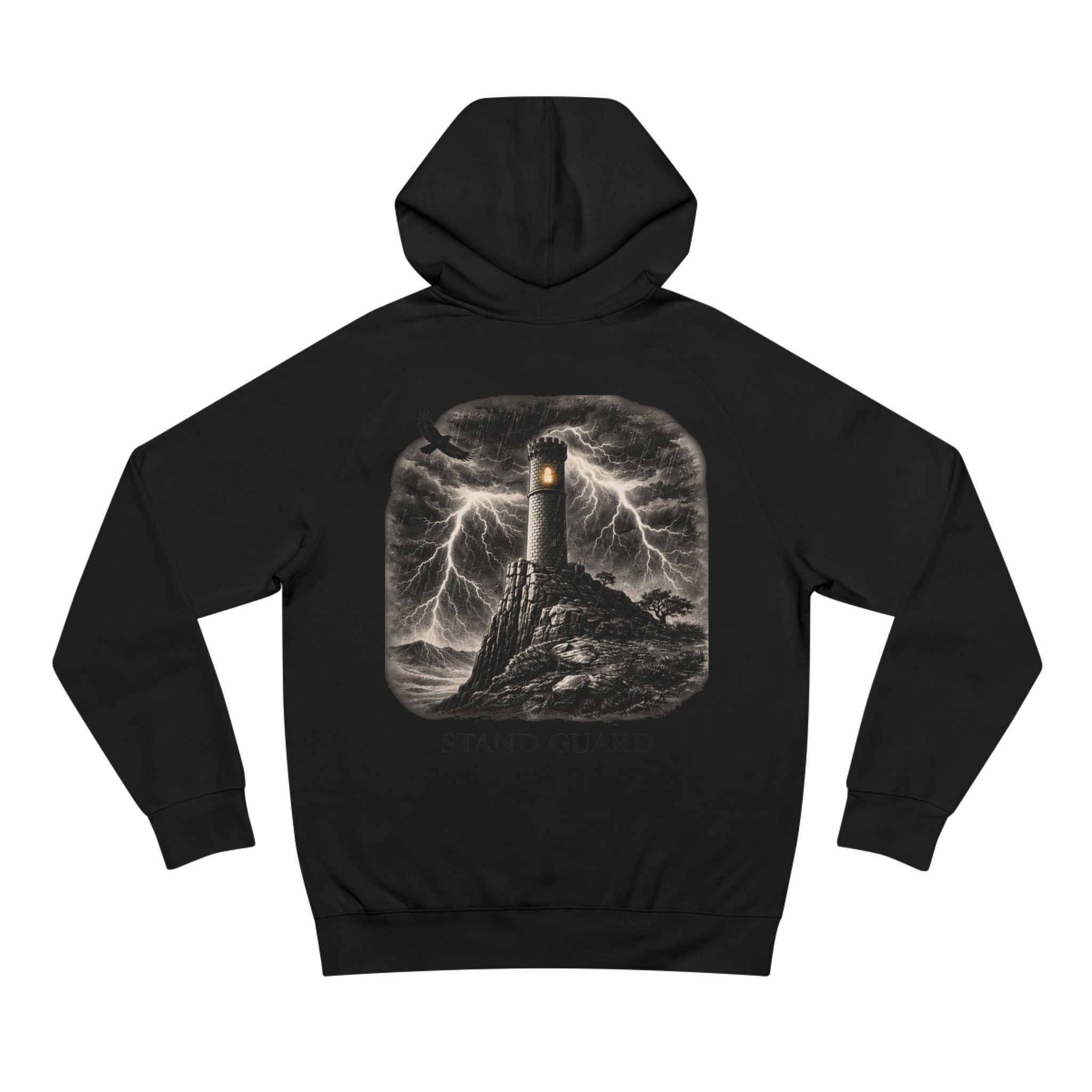Lyfe Grind Co “Stand Guard” Watchtower Hoodie – Streetwear Graphic Pullover, Discipline & Resilience Hoodie, Minimal Front / Bold Back Sweatshirt