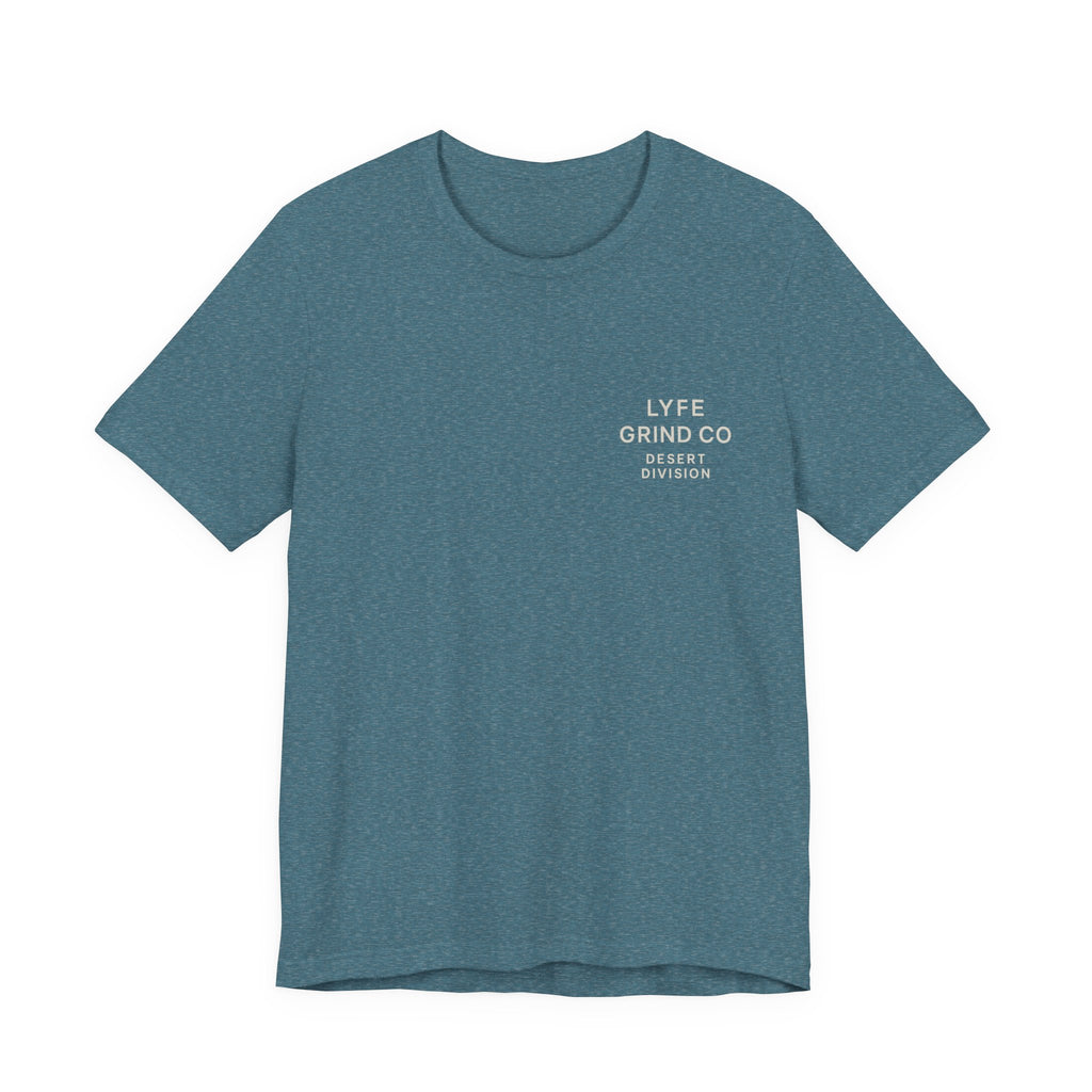 Lyfe Grind Co. – Desert Division Sunset Circle Women’s Tee (Front Micro Logo + Back Graphic)