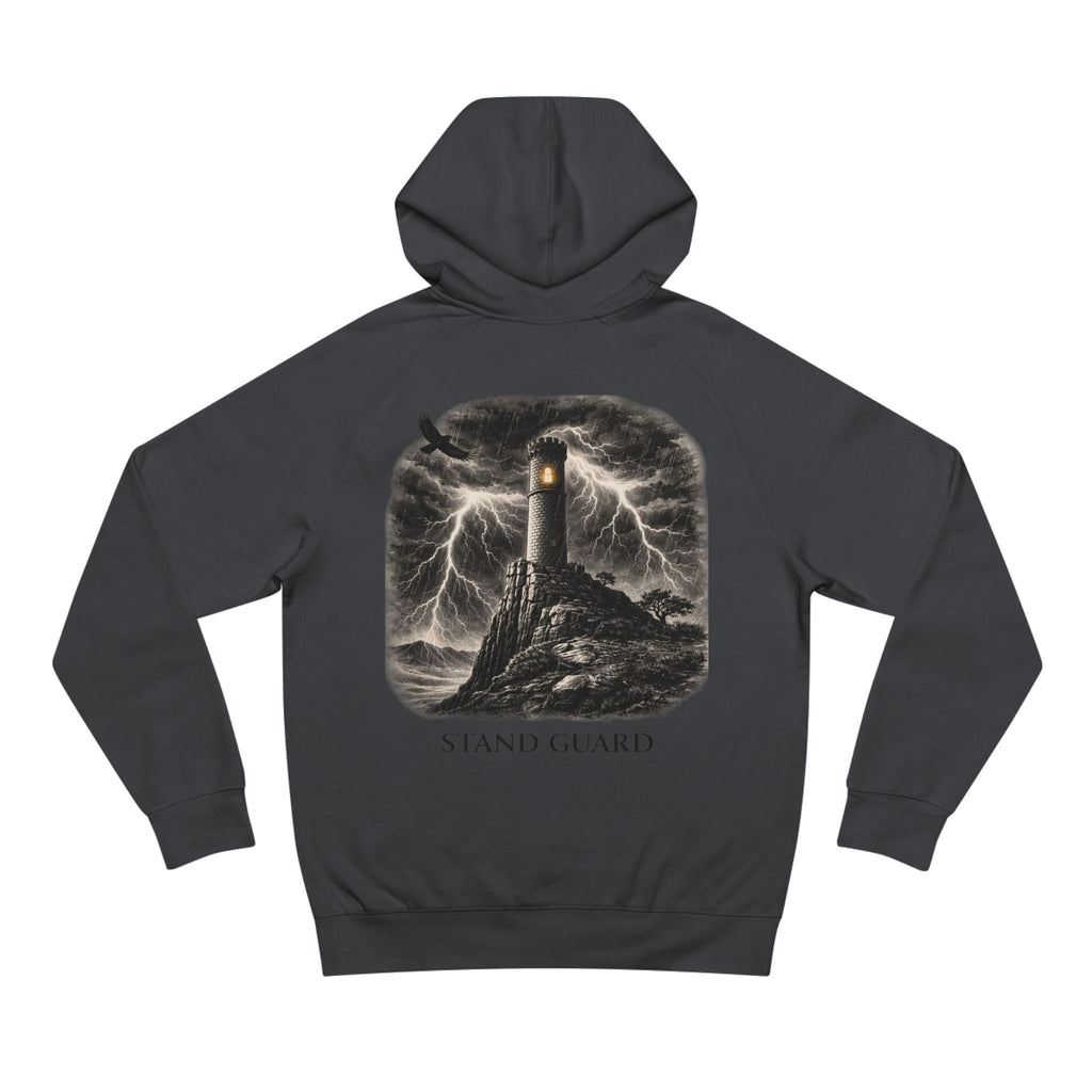 Lyfe Grind Co “Stand Guard” Watchtower Hoodie – Streetwear Graphic Pullover, Discipline & Resilience Hoodie, Minimal Front / Bold Back Sweatshirt