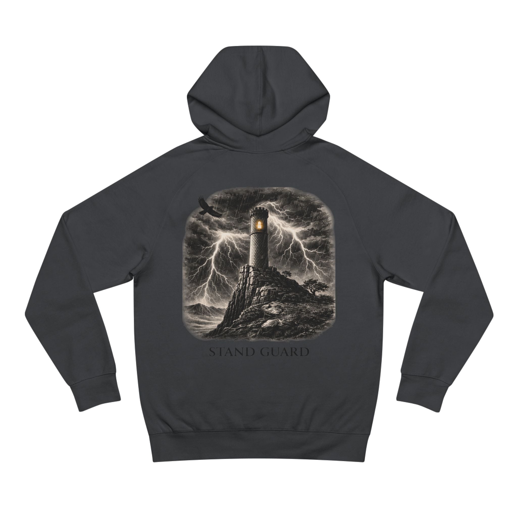 Lyfe Grind Co “Stand Guard” Watchtower Hoodie – Streetwear Graphic Pullover, Discipline & Resilience Hoodie, Minimal Front / Bold Back Sweatshirt